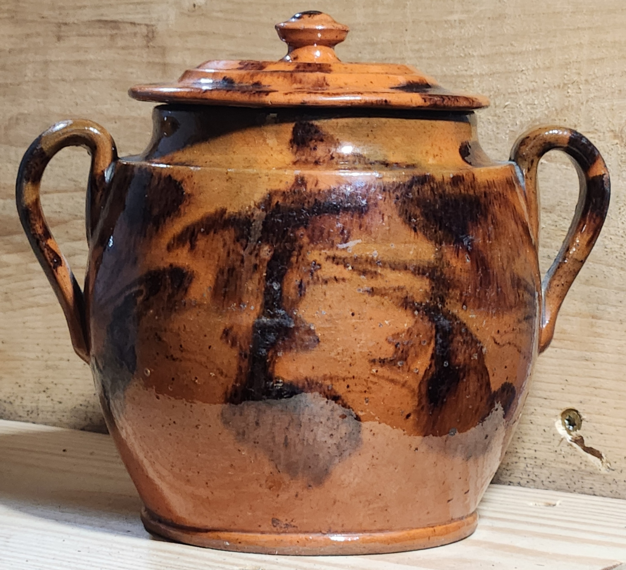 Superb 19th Century Redware Sugar Bowl